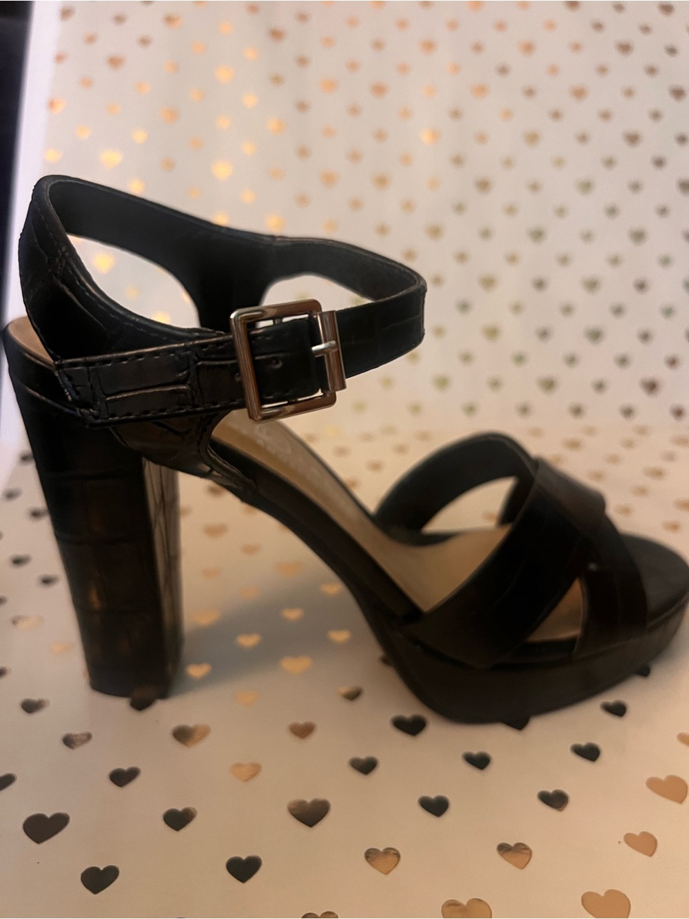 Chinese Laundry Black Croc-Embossed Platform Block Heel Sandal
